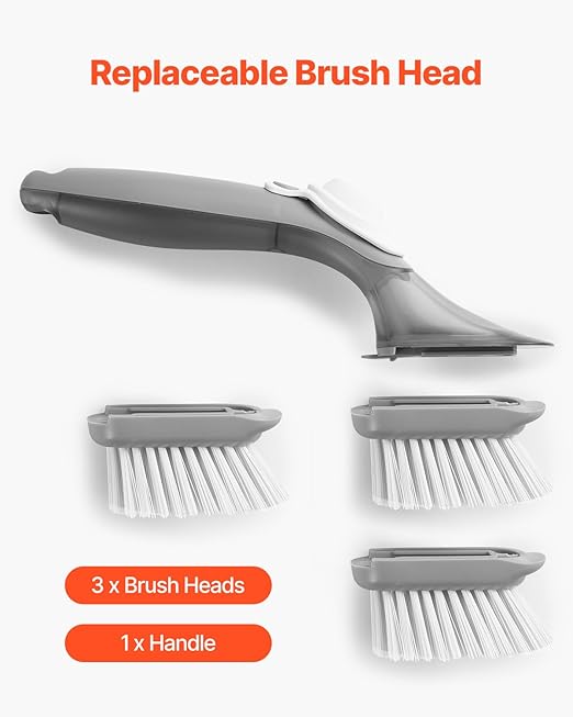 VEVOR Soap Dispensing Dish Brush, Kitchen Scrub Brushes with 3 Brush Heads, Dish Cleaning Brushes with PP Handle and Curved Bristles, Ideal for Pots, Pans, Sink and Stove