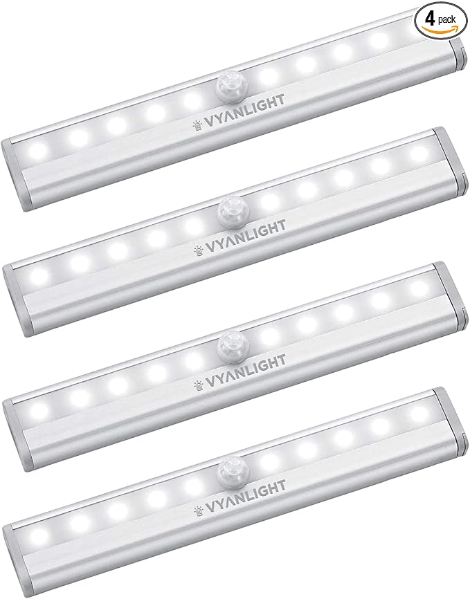 VYANLIGHT Under Cabinet Lighting – Motion Sensor Closet Lights, Battery Operated LED Strip Light Bar, Stick-On Wireless Indoor Lights for Kitchen, Pantry, Hallway, Stairs, 4 Pack