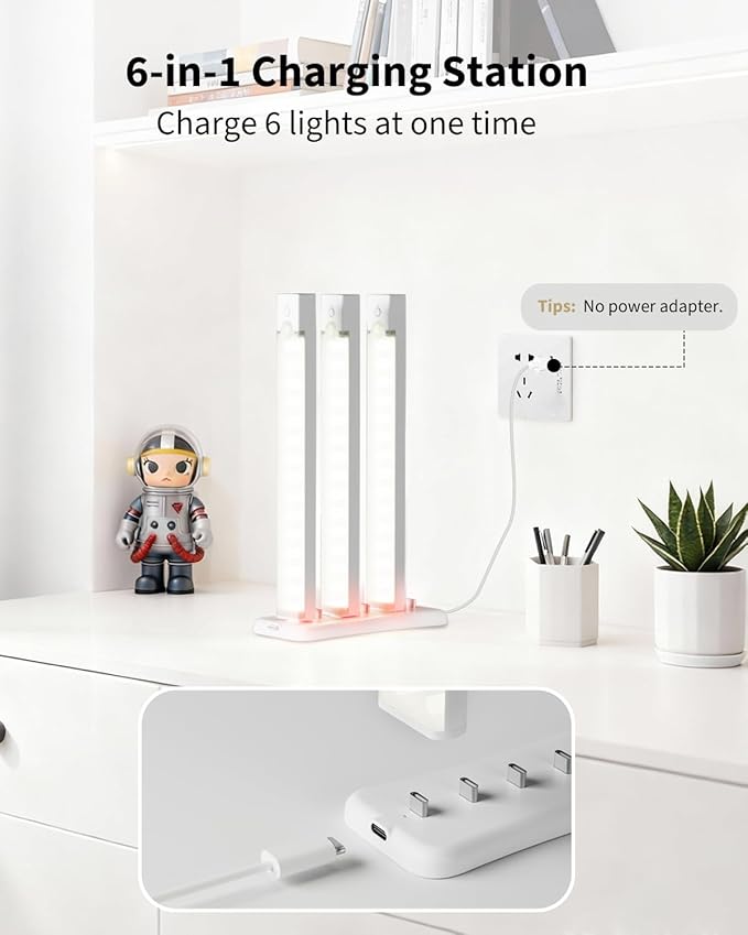 USB Under Cabinet Lighting Charging Station with 6 Type-c Charging Ports, Portable Motion Sensor Light Indoor Multi-Light Storage & Charging Base, Reduction in Recharge Duration