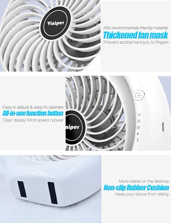 Viniper Portable Rechargeable Fan, Small Desk Fan : 3 Speeds & about 8-24 Hours Longer Working, 180 Rotation, Portable Desktop Fan Small but Mighty, Strong Wind (White, Light Black Blade)6.2 Inch