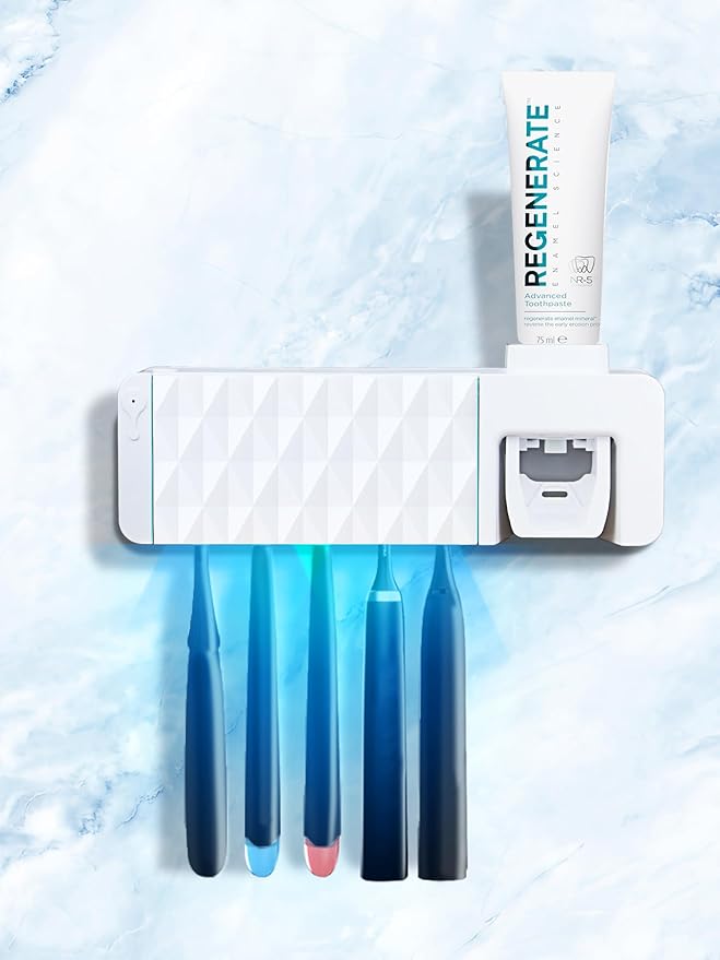 Toothbrush Holders for Bathrooms White Tooth Brush Holder with Toothpaste Dispenser Toothbrush Holder Wall Mounted 5 Toothbrush Slots Storage, Timing, AA Batteries Required