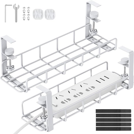 Under Desk Cable Management Tray, 31.5'' No Drill Heavy Duty Steel Cable Tray Organizers, Wire Management Tray Cable Rack with Clamp Mount, Adjustable Metal Under Desk Tray (White, 2 Pack)