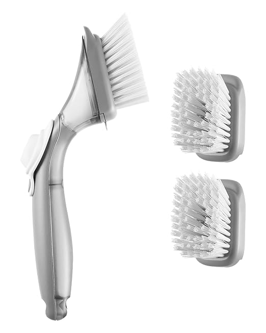 VEVOR Soap Dispensing Dish Brush, Kitchen Scrub Brushes with 3 Brush Heads, Dish Cleaning Brushes with PP Handle and Curved Bristles, Ideal for Pots, Pans, Sink and Stove