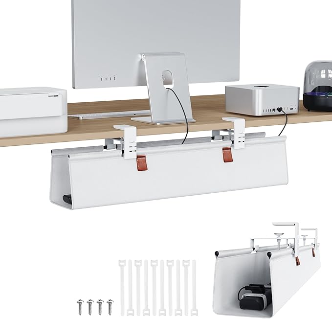 Zilink Under Desk Cable Management 30" No Drill Desk Cable Management Tray Clamp/Screw Mount Cable Tray Sturdy Waterproof Fabric Cord Organizer for Office, Home, White