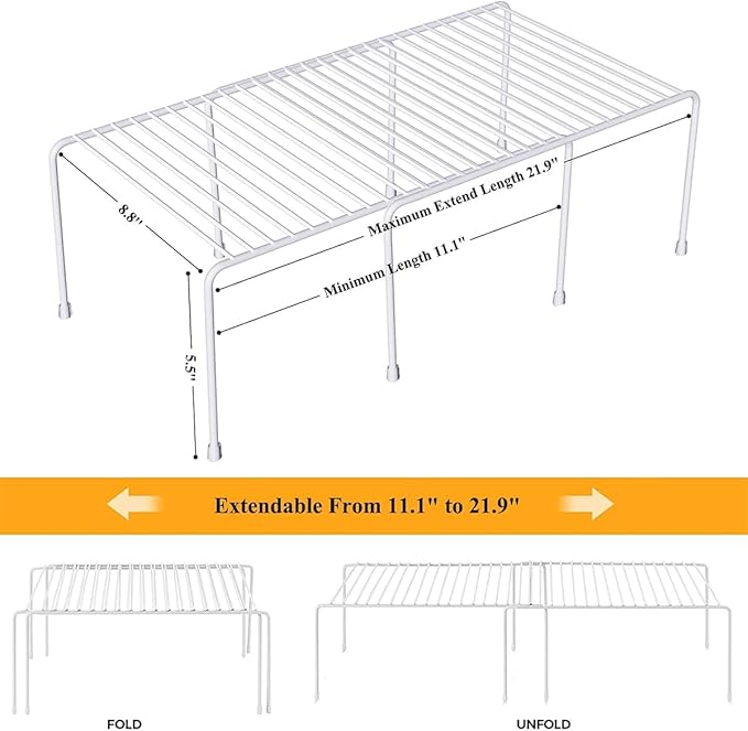 Orgneas Expandable Cabinet Shelf Organizer, Rustproof Metal Shelf Riser Kitchen Counter Storage Organizer Rack for Fridge, Cabinet, Pantry and Bathroom with Scratch Resistant Feet