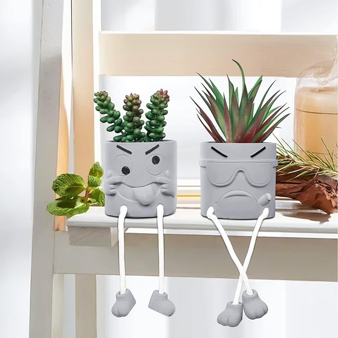 Set of 2 Funny Cement Fake Succulents with Hanging Legs, Small Artificial Desk Plant for Office Decor for Women, Mini Faux Succulents Potted, Gamer Room Decor for Boys, Cute Room Decor for Cubicle