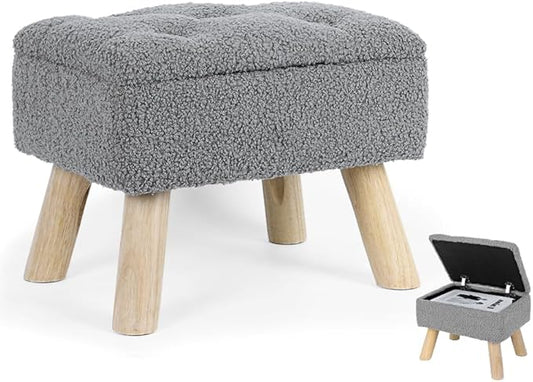 Storage Ottoman, Small Storage Ottoman Foot Stool with Wood Legs, Teddy Velvet Rectangular Foot Rest for Chair, Soft Sponge White Footstool for Living Room, Couch, Bedroom, Dorm (Grizzly)