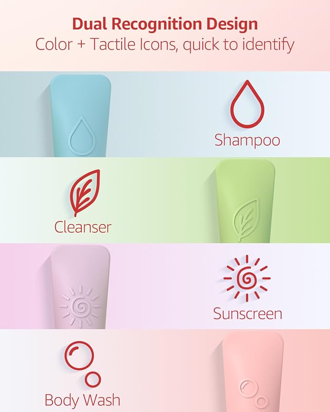 23-Piece All-in-One Silicone Travel Bottles Set – TSA Approved Leakproof Toiletry Kit with Double Bags, Flat Easy-Squeeze Bottles with Tactile Icons, Cream Jars, Pump & Spray, Cleaning Brush