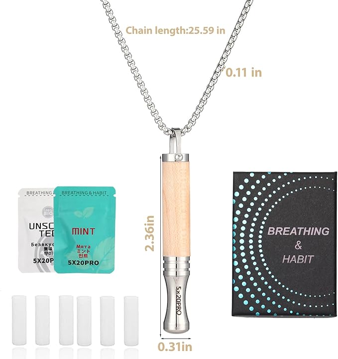 Anxiety Breathing Necklace with Resistance, Quit Smoking Necklace with Mint Filter, Quit Vaping Tool with Air Filter, Anxiety Relief Breathing Tool (Maple)