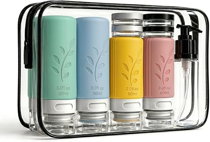 unigo Silicone Travel Bottles Set for Toiletries, Airplane Approved TSA Carry On Size, BPA Free Leakproof Refillable Squeeze Containers with Labels, Cleaning Brush and Covers (Multicolor A)