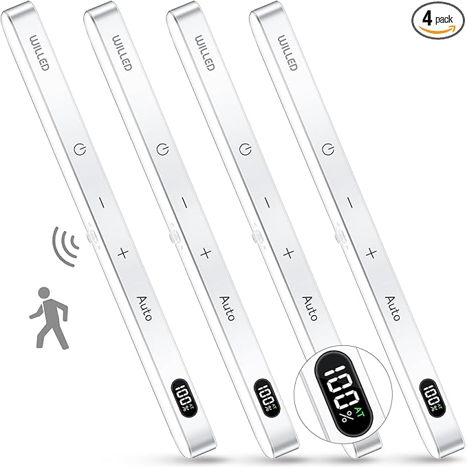 WILLED Motion Sensor Light Indoor, Battery Display, 60 LED Touch Light Bar, Under Cabinet Lights Rechargeable, Battery Operated Closet Light Wireless, Stick on Under Counter Lights for Kitchen(4 Pack)