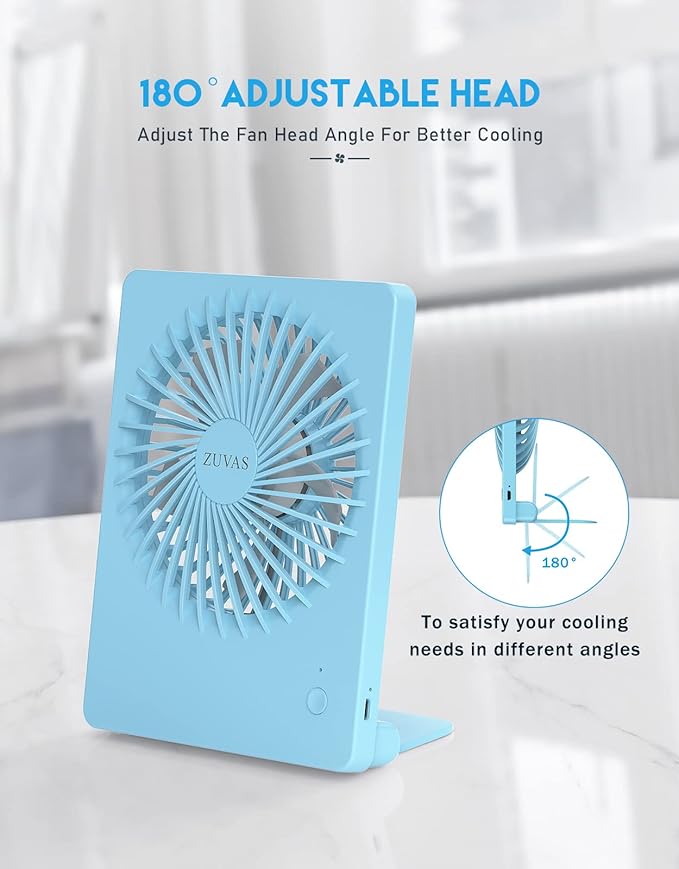 Zuvas Desk Fan Battery Operated Fan Rechargeable 180°Tilt Folding Personal Fan Ultra Quiet Small Portable 3 Speed Adjustable Strong Wind Fan For Office Bedroom Home Desktop Camping (Blue)