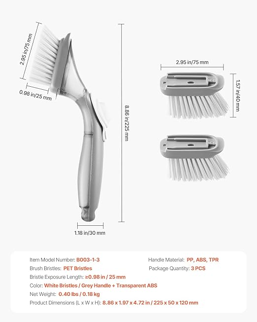 VEVOR Soap Dispensing Dish Brush, Kitchen Scrub Brushes with 3 Brush Heads, Dish Cleaning Brushes with PP Handle and Curved Bristles, Ideal for Pots, Pans, Sink and Stove