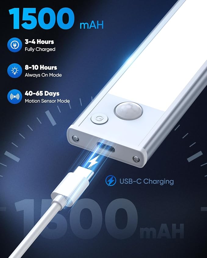 Under Cabinet Lights, LED Rechargeable Battery Operated Motion Sensor Lights Indoor, 6500K Magnetic Dimmable Closet Lights, 1500mAh Wireless Under Counter Night Lights for Kitchen, Home, 5 Packs