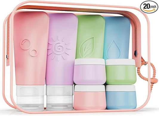20-Piece Silicone Travel Bottles Set – TSA Approved Leakproof Toiletry Kit with Flat Easy-Squeeze Bottles, Tactile Icons, Cream Jars, Pump & Spray, Cleaning Brush
