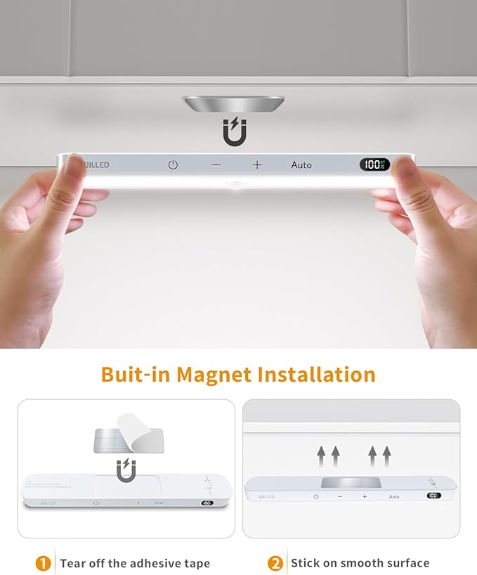 WILLED Under Cabinet Lights Rechargeable, Battery Display, 60 LED Touch Light Bar, Motion Sensor Light Indoor, Battery Operated Closet Light Wireless, Stick on Under Counter Lights for Kitchen(2 Pack)
