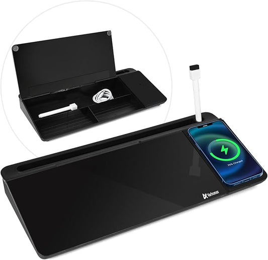Varhomax Glass Desk Whiteboard Black with Wireless Charger, Desktop Dry Erase White Board with Storage,to Do List Memo Notepad for Home and Office