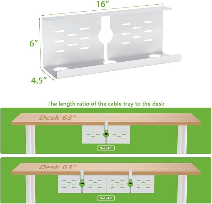 KEEGH 16'' Under Desk Cable Management Tray, No Drill Clamp/Screws Mount, Sturdy Metal Cable Tray for Place Power Strip, Cord Management Tray for Home Office, Gaming Desk, Standing Desk, 1 Pack, White