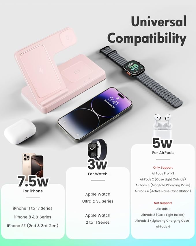 Wireless Charger Stand Charging Station: 3 in 1 Charger Stand Multiple Devices for Apple - iPhone 17 16e 16 15 14 Pro Max 13 12 - Watch 11 10 9 8 7 6 5 4 3 2 SE and Ultra Series-Airpods 4 3 Pro, Pink