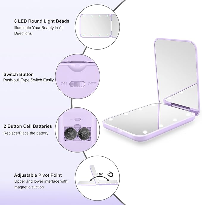 Compact Mirror, 1X/3X Magnification LED Pocket Mirror with Nternal BIattery, Mini Mirror for Purse, Pocket,Travel and Present (Purple)