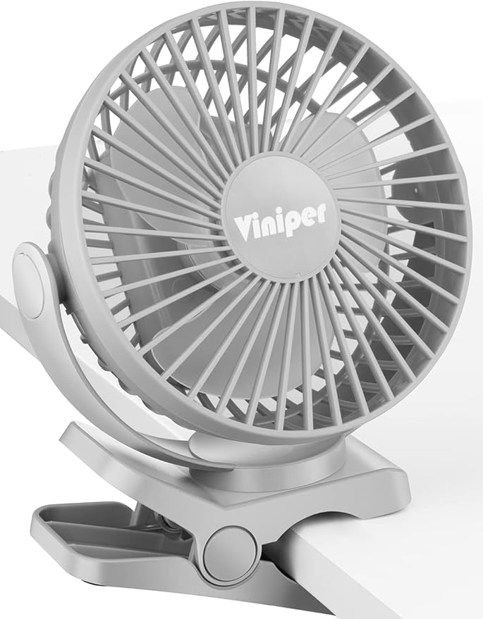 Viniper 6 inch Rechargeable Clip on Fan, 5000mah Battery Desk Fan : 360° Rotation & 3 Speeds Strong Wind Portable Fan, 8-30 Working Hours, Quiet and Powerful (Gray)