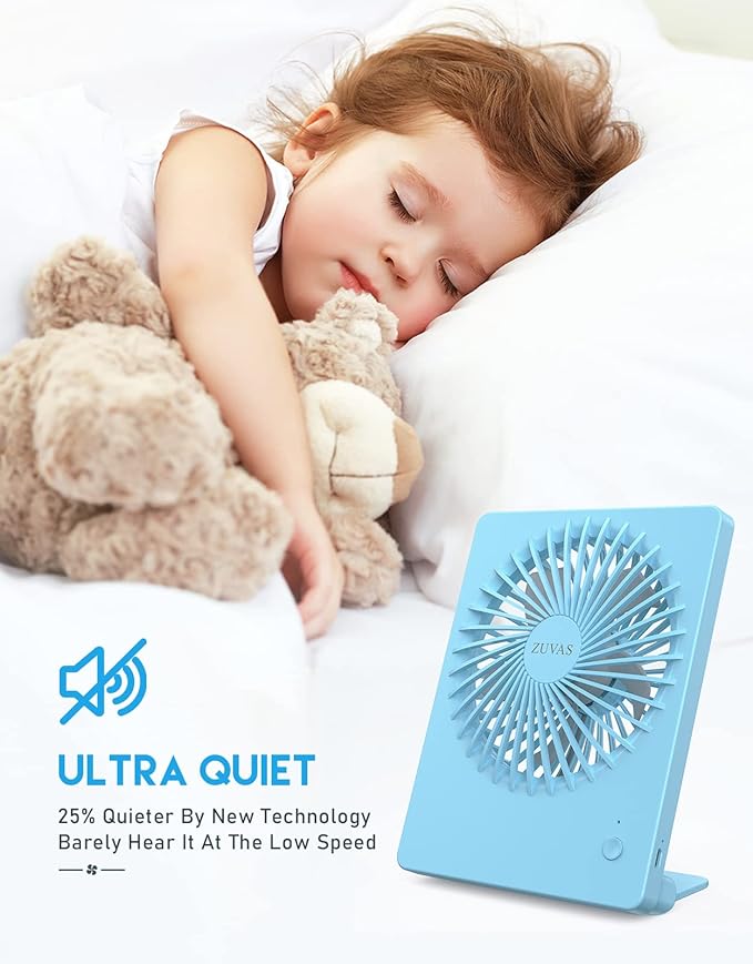 Zuvas Desk Fan Battery Operated Fan Rechargeable 180°Tilt Folding Personal Fan Ultra Quiet Small Portable 3 Speed Adjustable Strong Wind Fan For Office Bedroom Home Desktop Camping (Blue)