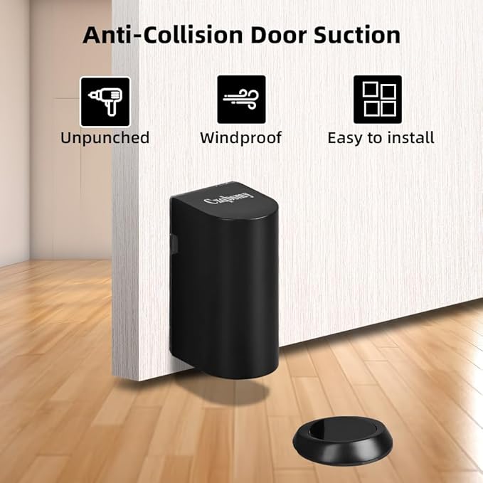 Windproof Magnetic Door Stoppers, Punch-Free Mechanical Floor Door Stop, Adjustable Height for Door Gaps, Heavy Duty Door Holder to Keep Door Open, No-Drill/Screws, Black Matte