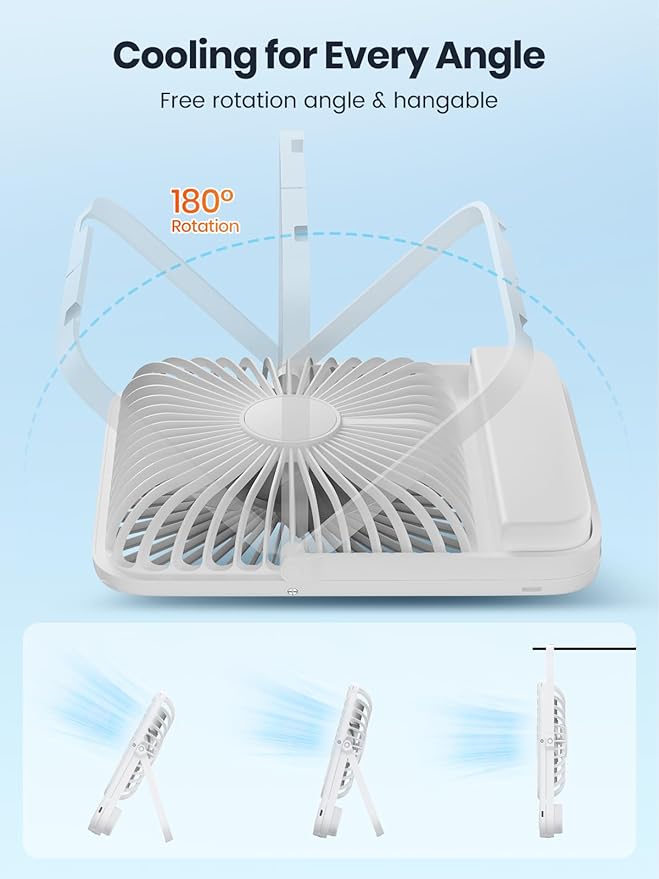 Warmco 10000mAh Portable Travel Fan 7-inch, Max 24H Runtime, Ultra-thin Quiet Rechargeable Battery Operated Desk Fan with Digital Display for Camping, Office, Bedroom, Cruise Essentials White