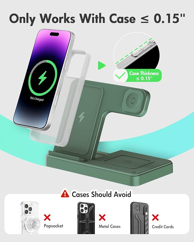 Wireless Charger Stand Charging Station: 3 in 1 Charger Multiple Devices for Apple iPhone 17 16e 16 15 14 Pro Max 13 12 11 for Watch 11 10 9 8 7 6 5 4 3 2 SE and Ultra & Airpods Series, Dark Green