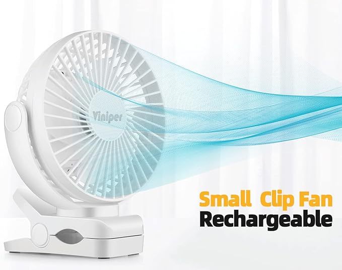 Viniper 6 inch Rechargeable Clip on Fan, 5000mah Battery Desk Fan : 360° Rotation & 3 Speeds Strong Wind Portable Fan, 8-30 Working Hours, Quiet and Powerful (White)