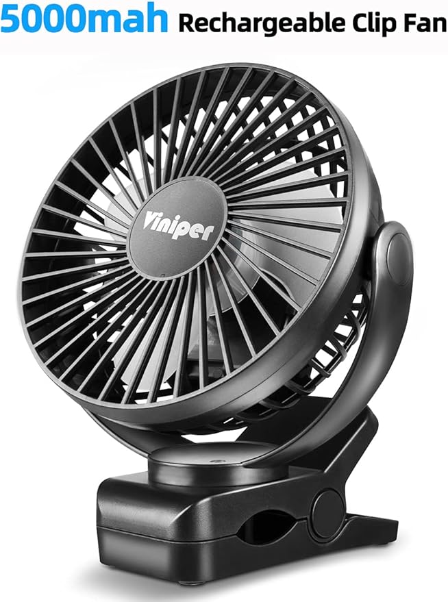 Viniper 6 inch Rechargeable Clip on Fan, 5000mah Battery Desk Fan : 360° Rotation & 3 Speeds Strong Wind Portable Fan, 8-30 Working Hours, Quiet and Powerful (Black)