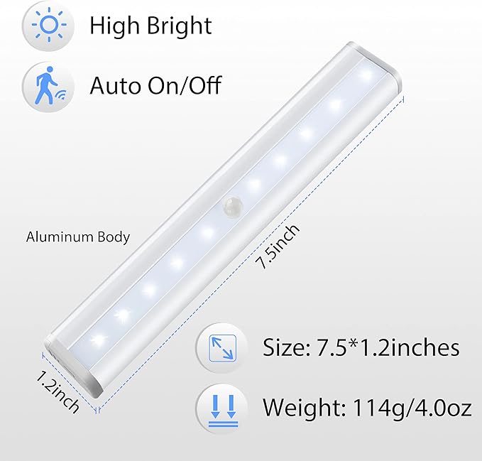 Under Cabinet Lights, 10LED Battery Motion Sensor Light Indoor Magnetic Stick-Anywhere Closet Lights for Stair Kitchen Wardrobe Hallway(6 Pack)