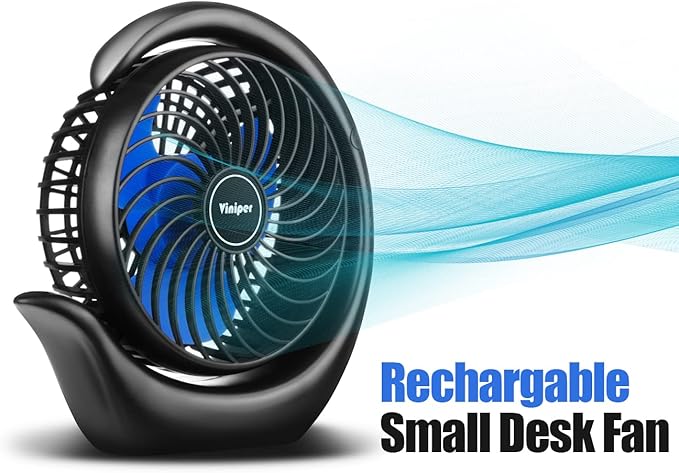 Viniper Portable Rechargeable Fan, Small Desk Fan : 3 Speeds & 8-24 Hours Longer Working, 180 Rotation, Portable USB Battery Fan for Office/Home (Black-Blue)6.2 inch