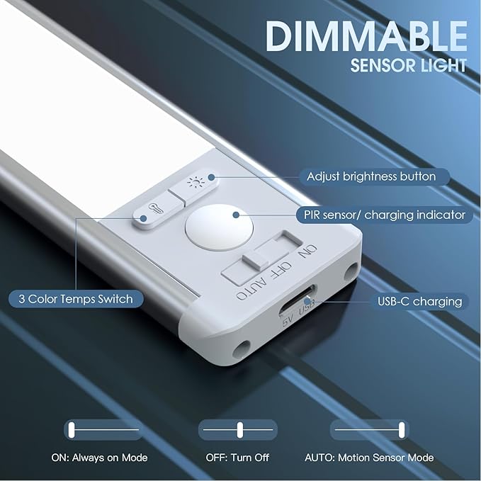 14.7inch Under Cabinet Lighting with 3 Color Temps, 2 Pack Rechargeable Motion Sensor Light Indoor, 5 Levels Dimmable Magnetic Closet Lights, Wireless Under Counter Lights for Kitchen, Stairs