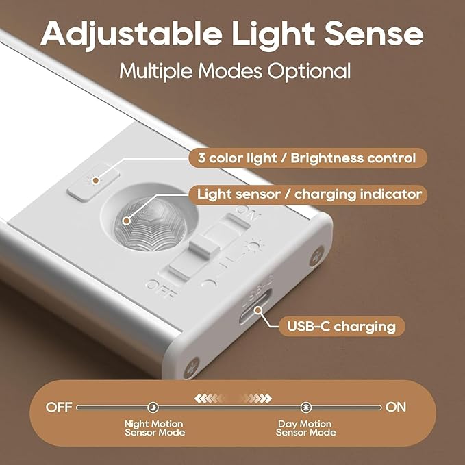 2 Pack Under Cabinet Lighting, 3 Color Temperatures Motion Sensor Light Indoor, LED Rechargeable Cabinet Lights, Stick-On Magnetic Closet Light, Wireless Under Counter Lights for Kitchen, Stair