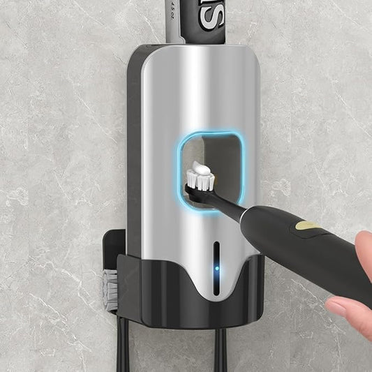Automatic Toothpaste Dispenser Wall Mounted - Hands-Free Toothpaste Squeezer with 3 Speed Settings, 2 Toothbrush Holders & Strong Adhesive - Smart Bathroom Organizer for Kids and Adults
