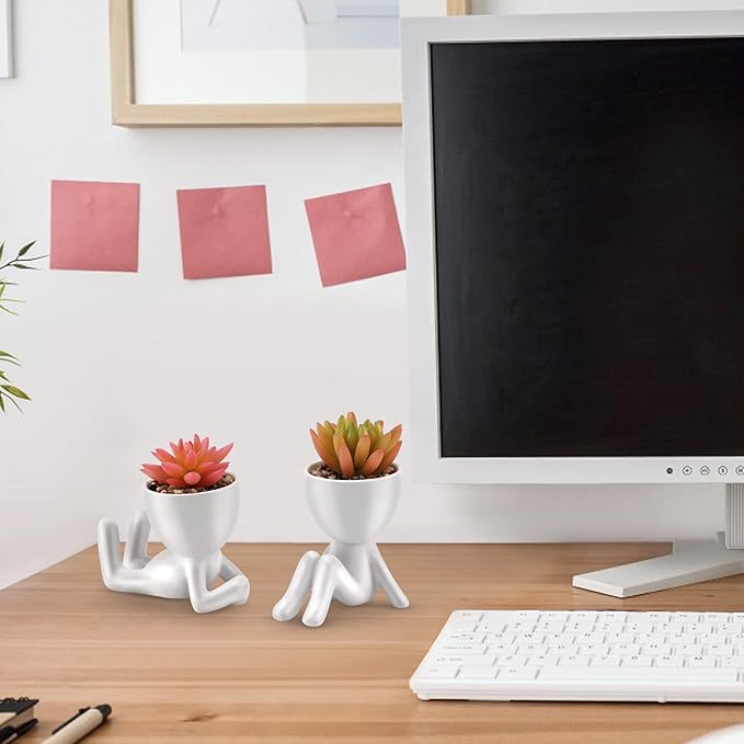 Fake Succulent, Mini Succulents Plants Artificial in White Modern Human Shaped Ceramic Pots Cute Pink Succulent for Office Decor for Women Girls, Desk Plant Cute Bathroom Decor 2PCS