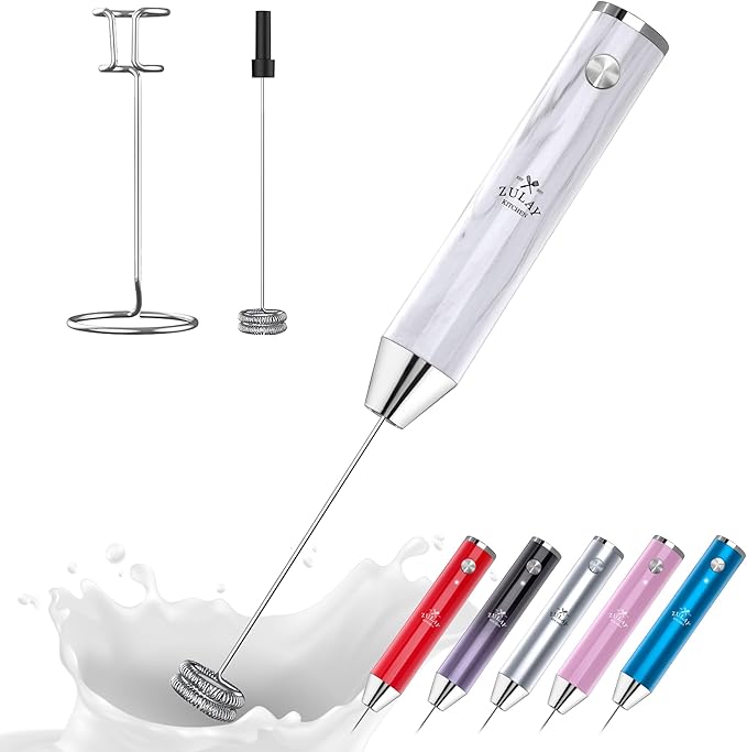 Zulay Kitchen Rechargeable Milk Frother Handheld Lux - Powerful 2-Speed Motor, Waterproof, 2000mAh Battery - Drink Mixer for Latte, Cappuccino, Matcha & Protein Powder - White Marble