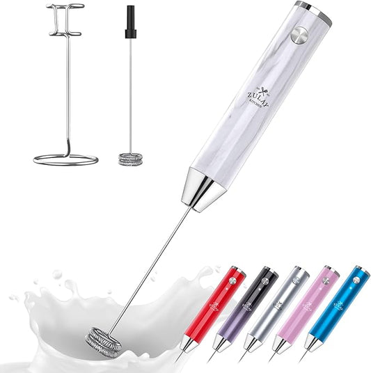 Zulay Kitchen Rechargeable Milk Frother Handheld Lux - Powerful 2-Speed Motor, Waterproof, 2000mAh Battery - Drink Mixer for Latte, Cappuccino, Matcha & Protein Powder - White Marble