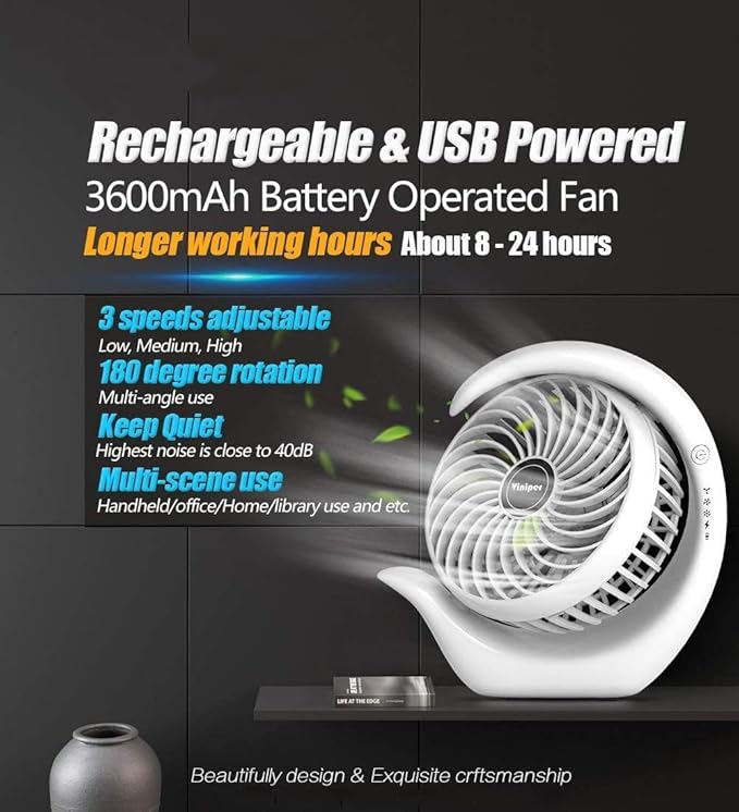 Viniper Portable Rechargeable Fan, Small Desk Fan : 3 Speeds & about 8-24 Hours Longer Working, 180 Rotation, Portable Desktop Fan Small but Mighty, Strong Wind (White, Light Black Blade)6.2 Inch