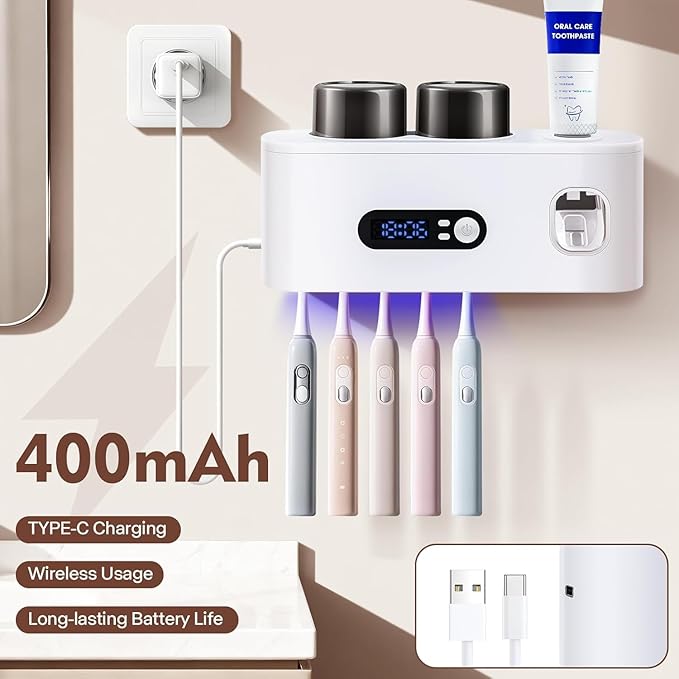 Toothbrush Holder with UV Sanitizer and Toothpaste Dispenser, Timer Display with Wall Mounted Smart Toothbrush Organizer for Bathroom, with 2 Cups and Automatic Sterilization Function, White