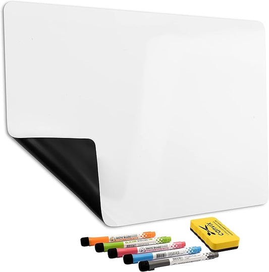 Magnetic Dry Erase Whiteboard for Refrigerator – Magnetized, Removable, Residue-Free Art and Memo Board for Home and Office – Magnetic Markers & Eraser Included (12 x 8 Inches)