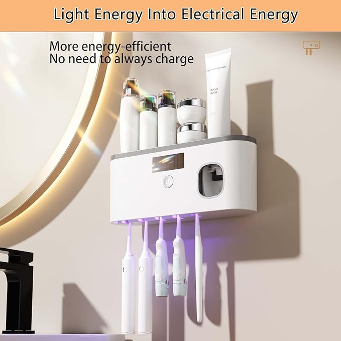 Toothbrush Holders for Bathrooms, Toothbrush Sanitizer Holder for Kids and Adult, Electric Toothbrush Holders Wall Mounted with Toothpaste Dispenser