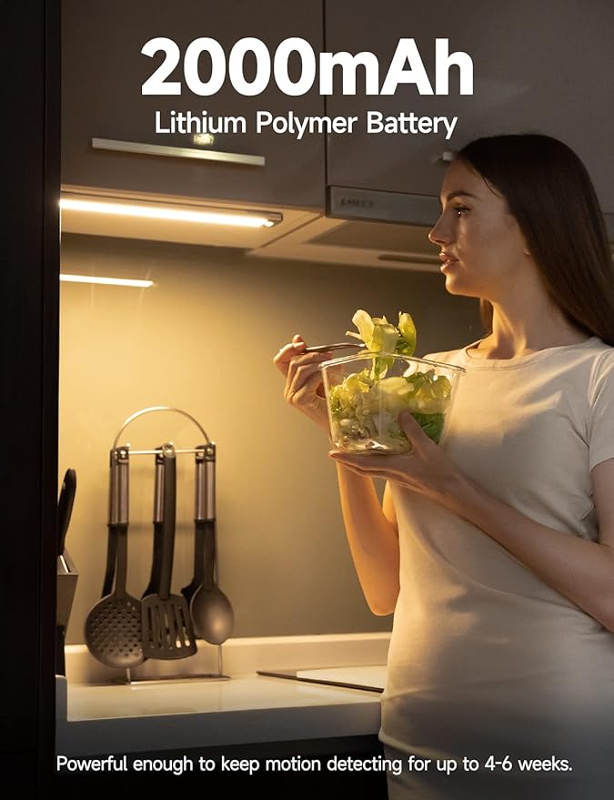 Under Cabinet Lights, Rechargeable Battery Operated Lighting, Wireless Motion Sensor Light Indoor,4 Modes Night Light, Stick-On Magnetic Closet Lights for Kitchen, Hallway(2 Pack 62LED Warm Light)