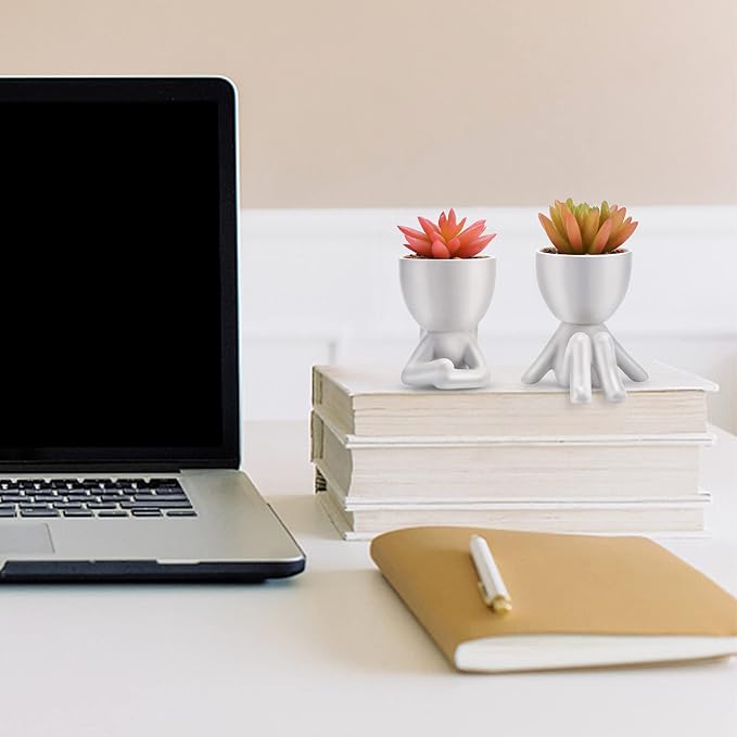 Fake Succulent, Mini Succulents Plants Artificial in White Modern Human Shaped Ceramic Pots Cute Pink Succulent for Office Decor for Women Girls, Desk Plant Cute Bathroom Decor 2PCS