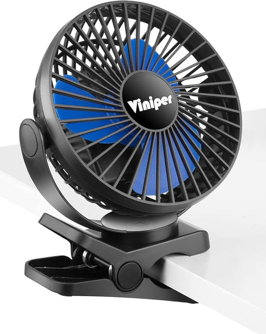 Viniper 6 inch Rechargeable Clip on Fan, 5000mah Battery Desk Fan : 360° Rotation & 3 Speeds Strong Wind Portable Fan, 8-30 Working Hours, Quiet and Powerful (Black,blue)