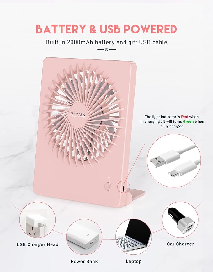Zuvas Desk Fan Battery Operated Fan Rechargeable 180°Tilt Folding Personal Fan Ultra Quiet Small Portable 3 Speed Adjustable Strong Wind Fan For Office Bedroom Home Desktop Camping (Pink)