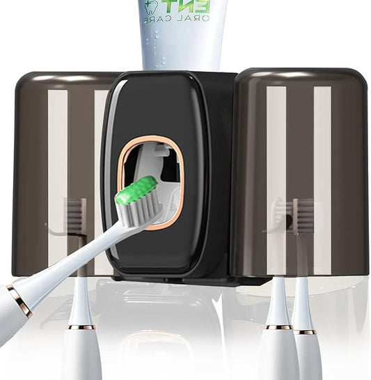 Toothpaste Dispenser Wall Mount with Toothbrush Holder, WAYCOM AutomaticToothpaste Squeezer 2 Cups Toothbrush Holder for Bathroom Accessories Tooth Brushing Holder Organizer and Storage