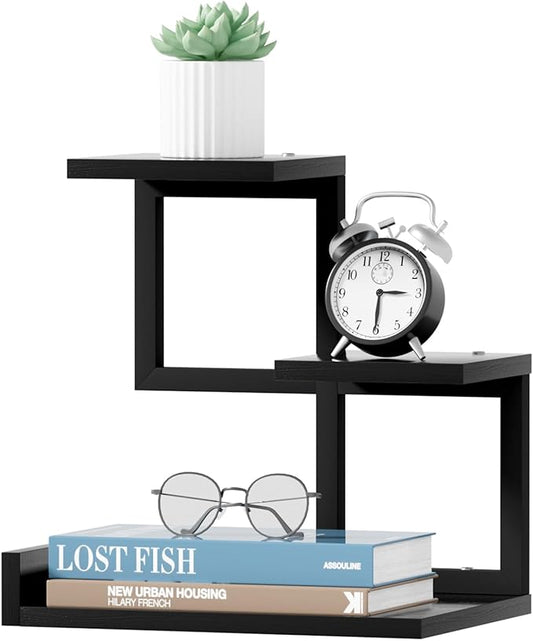 Gannyfer Desk Shelf Organizer - Wood Desktop Shelf, Freestanding Desk Hutch Office Decor, 3 Tier Storage Display Rack, Small Bookshelf with Metal Frame for Books/Plants/Toys (Black)
