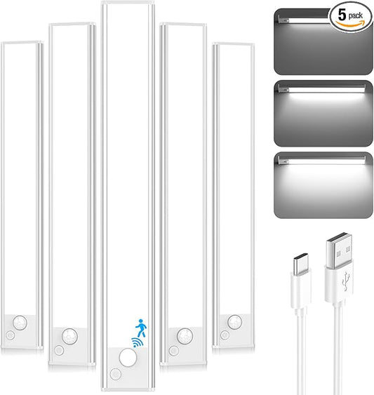 Under Cabinet Lights, 14'' LED Rechargeable Battery Operated Motion Activated Night Light Indoor, 3200mAh Magnetic Dimmable Closet Lights, 6500K Wireless Under Counter Lights for Kitchen, Home, 5 Pack